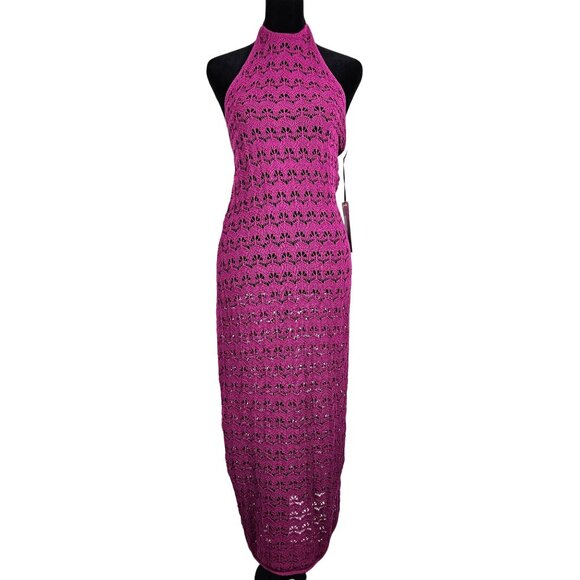Womens 1X Crochet Halter Midi Bodycon Dress Tie Back In Magenta Sexy Beach - Picture 3 of 11